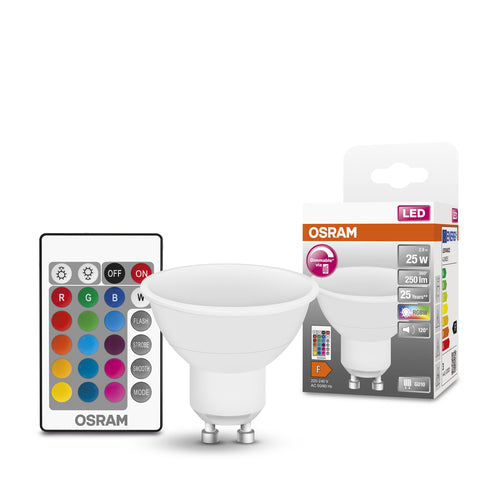 OSRAM LED Retrofit RGBW LED Spot mit Fernbedienung matt (ex 25W) 2,9W / 2700K Warmweiß GU10-Leuchtmittel-LEDVANCE Shop OSRAM LED Retrofit RGBW LED Spot mit Fernbedienung matt (ex 25W) 2,9W / 2700K Warmweiß GU10-Leuchtmittel-LEDVANCE Shop