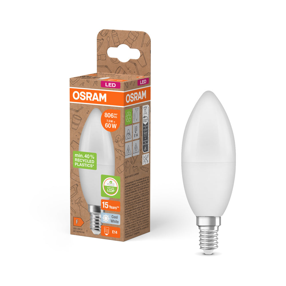 OSRAM LED Star Classic B 60 Lampe Recycled Plastic 7.5W Kaltweiß Frosted E14-Leuchtmittel-LEDVANCE Shop OSRAM LED Star Classic B 60 Lampe Recycled Plastic 7.5W Kaltweiß Frosted E14-Leuchtmittel-LEDVANCE Shop