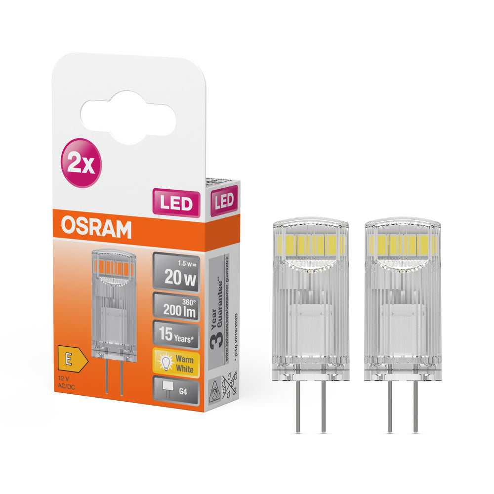 OSRAM LED Stiftsockellampe PIN 12 V 1.5W 827 Clear G4 2er Pack, 200 lm, 2700 K, Warmweiß, 2er Pack-LEDVANCE Shop OSRAM LED Stiftsockellampe PIN 12 V 1.5W 827 Clear G4 2er Pack, 200 lm, 2700 K, Warmweiß, 2er Pack-LEDVANCE Shop