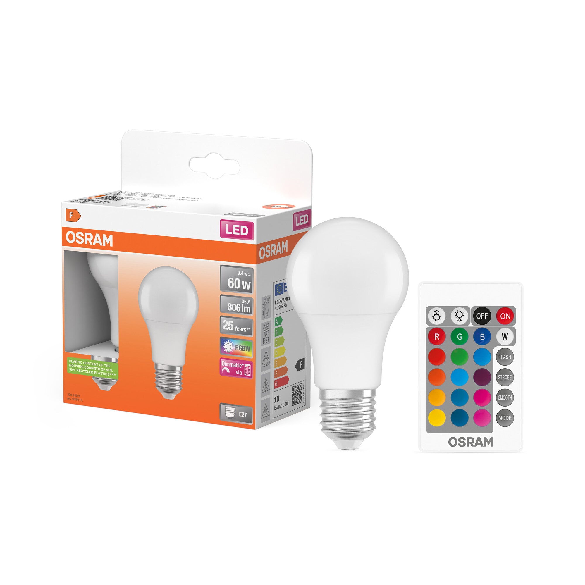 OSRAM LED Retrofit RGBW lamps with remote control in A-Form, LED-Lampe
