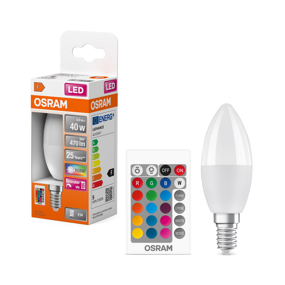 OSRAM LED Lampe LED Retrofit RGBW lamps with remote control 4.9W 827 Frosted E14, 470 lm, 2700 K, Warmweiß-LEDVANCE Shop OSRAM LED Lampe LED Retrofit RGBW lamps with remote control 4.9W 827 Frosted E14, 470 lm, 2700 K, Warmweiß-LEDVANCE Shop