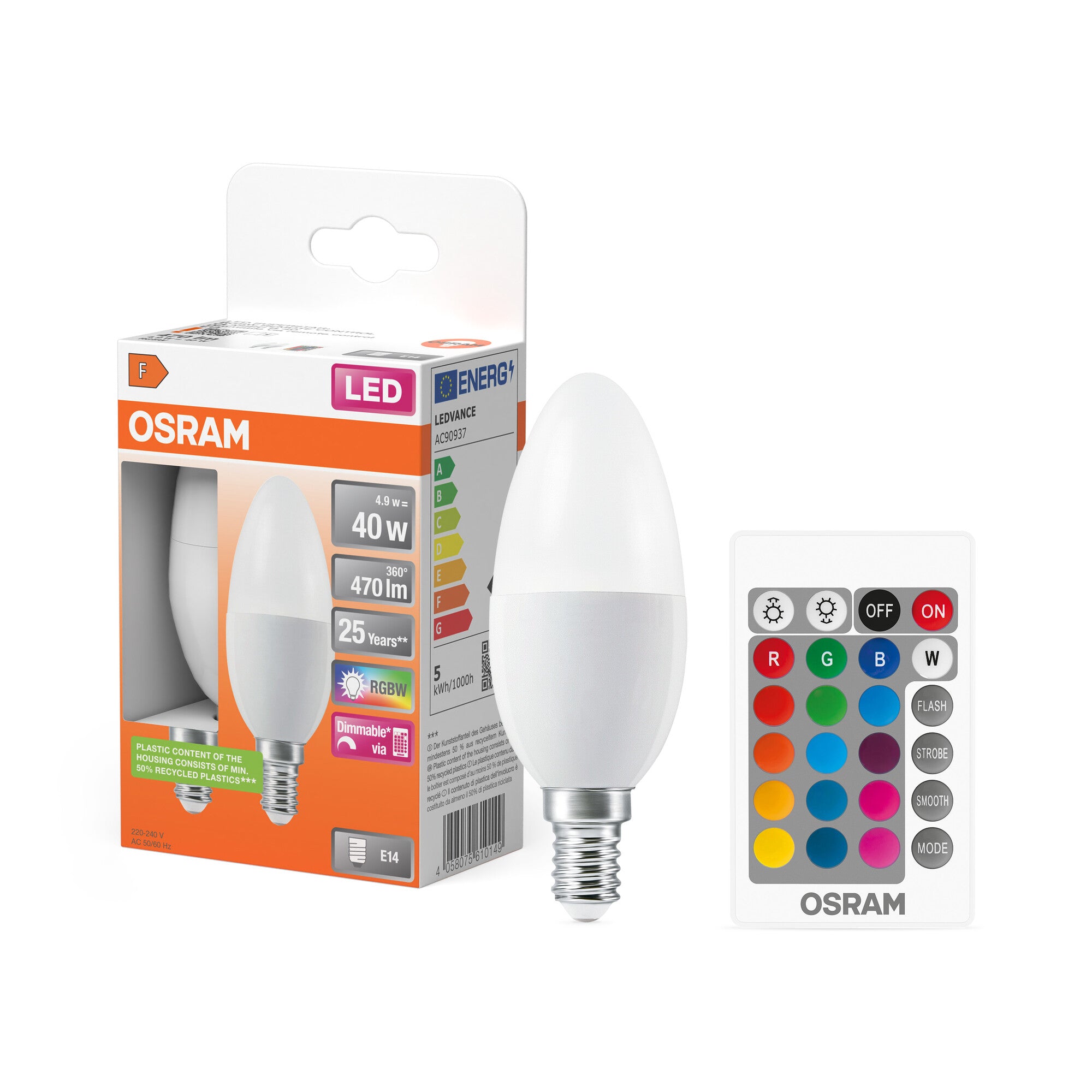 OSRAM LED Retrofit RGBW lamps with remote control in B-Form, LED-Lampe