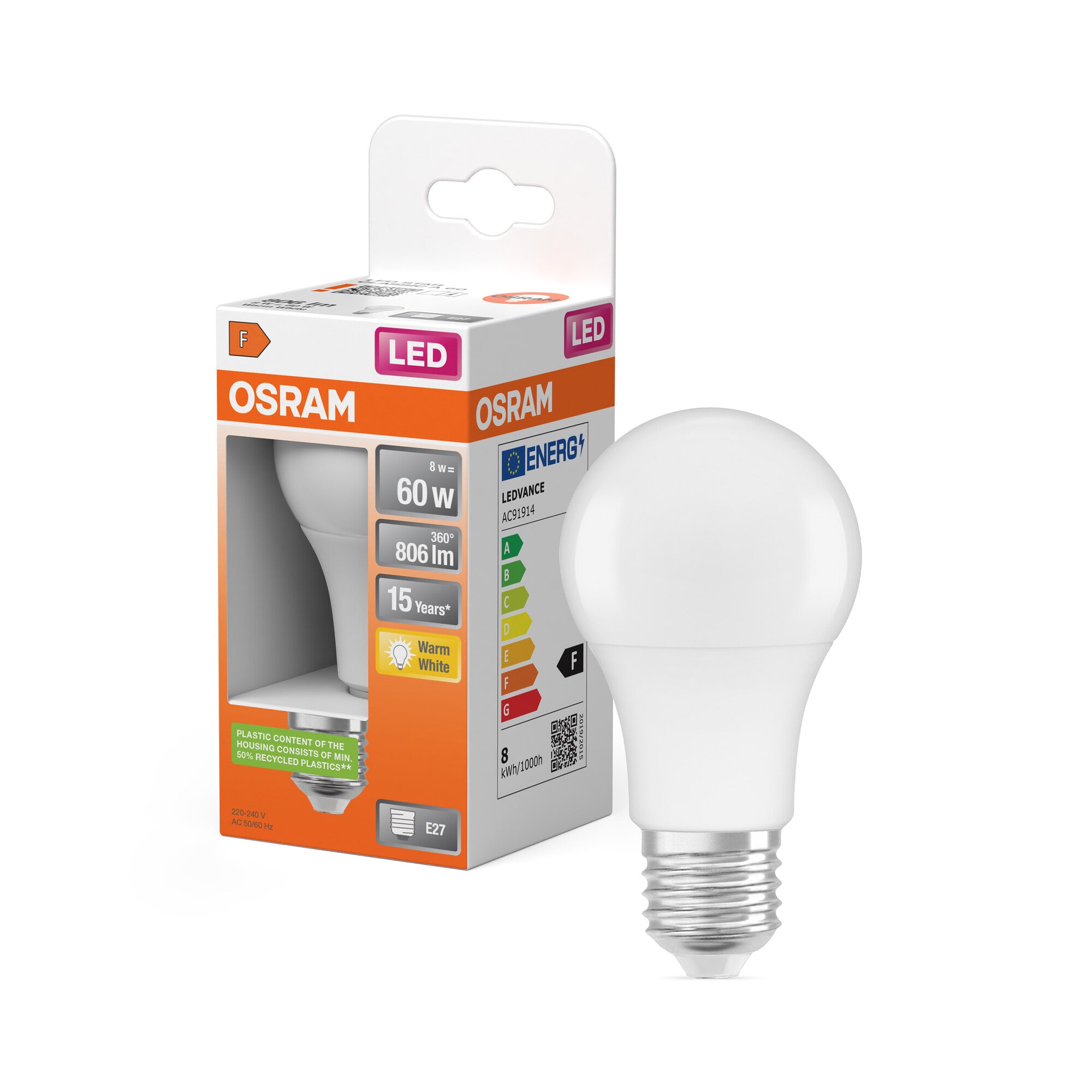 OSRAM LED LAMP WITH CLASSIC A in A-Form, LED-Lampe, Matt, 8,5 W, (ex 6