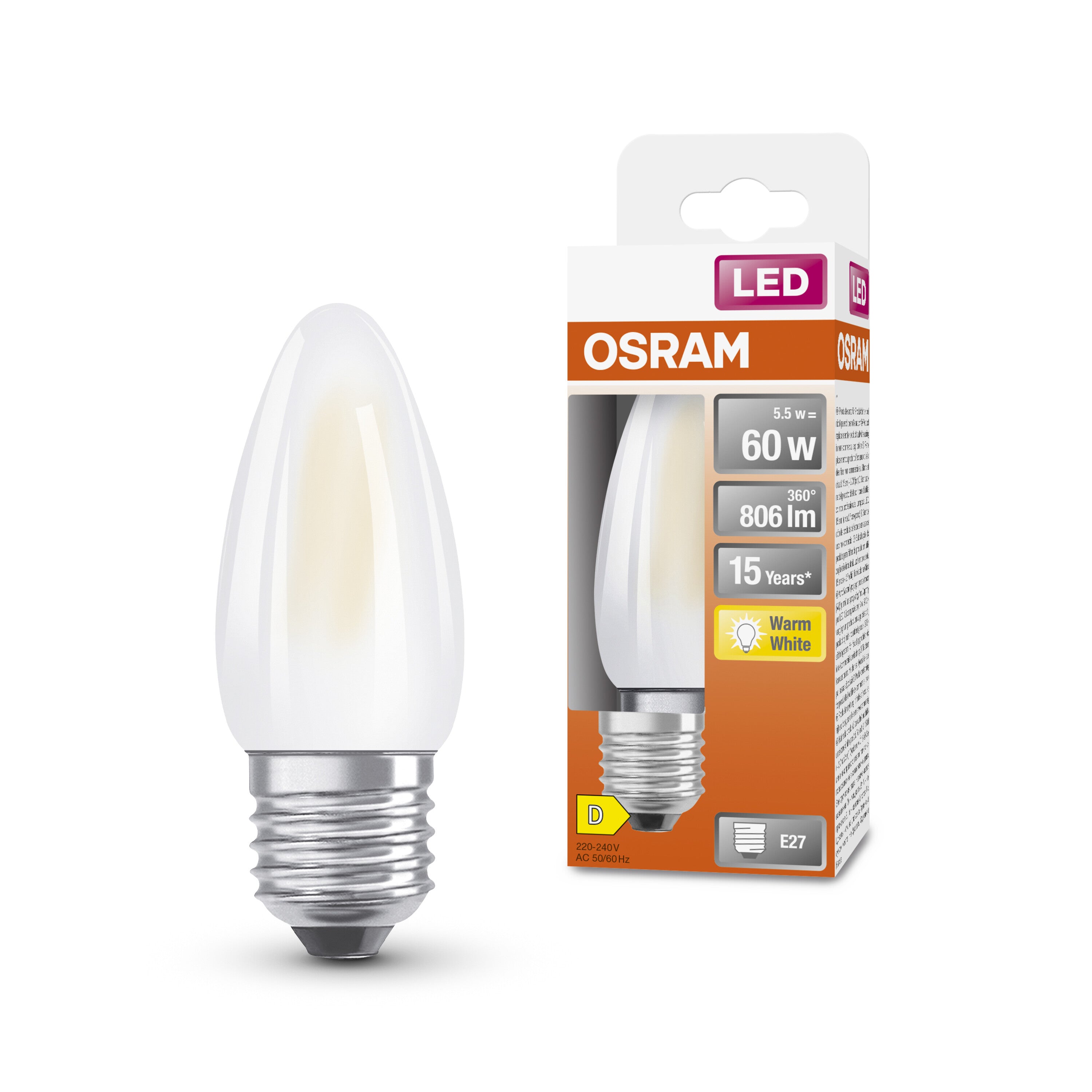 OSRAM LED Star Classic Lampe, Minikerze, 5.5W, Frosted, E27 , Warmweiß