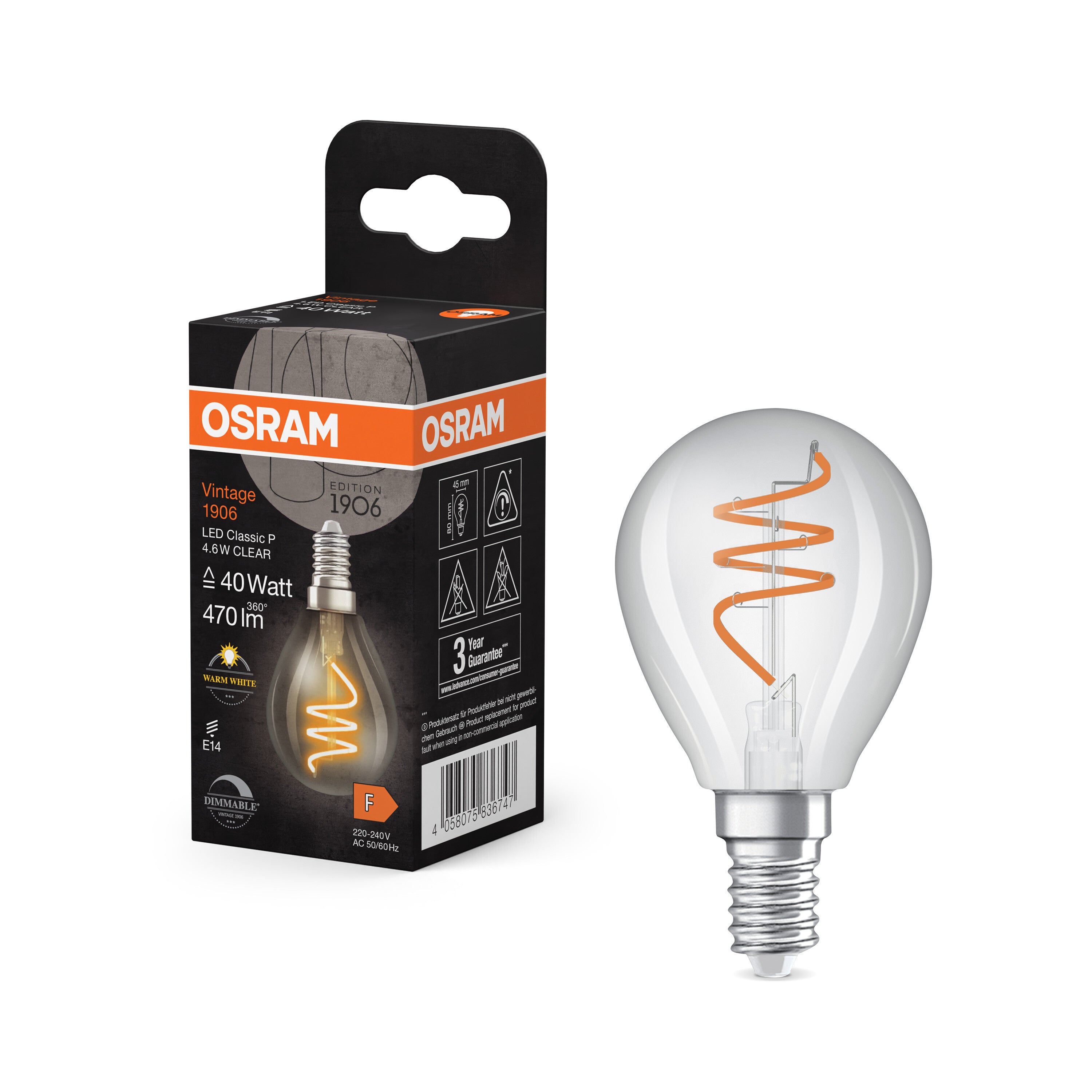 OSRAM Vintage 1906 Classic LED-Lampe Klar, 4.6W, 470lm, E14 , Warmweiß-LEDVANCE Shop OSRAM Vintage 1906 Classic LED-Lampe Klar, 4.6W, 470lm, E14 , Warmweiß-LEDVANCE Shop