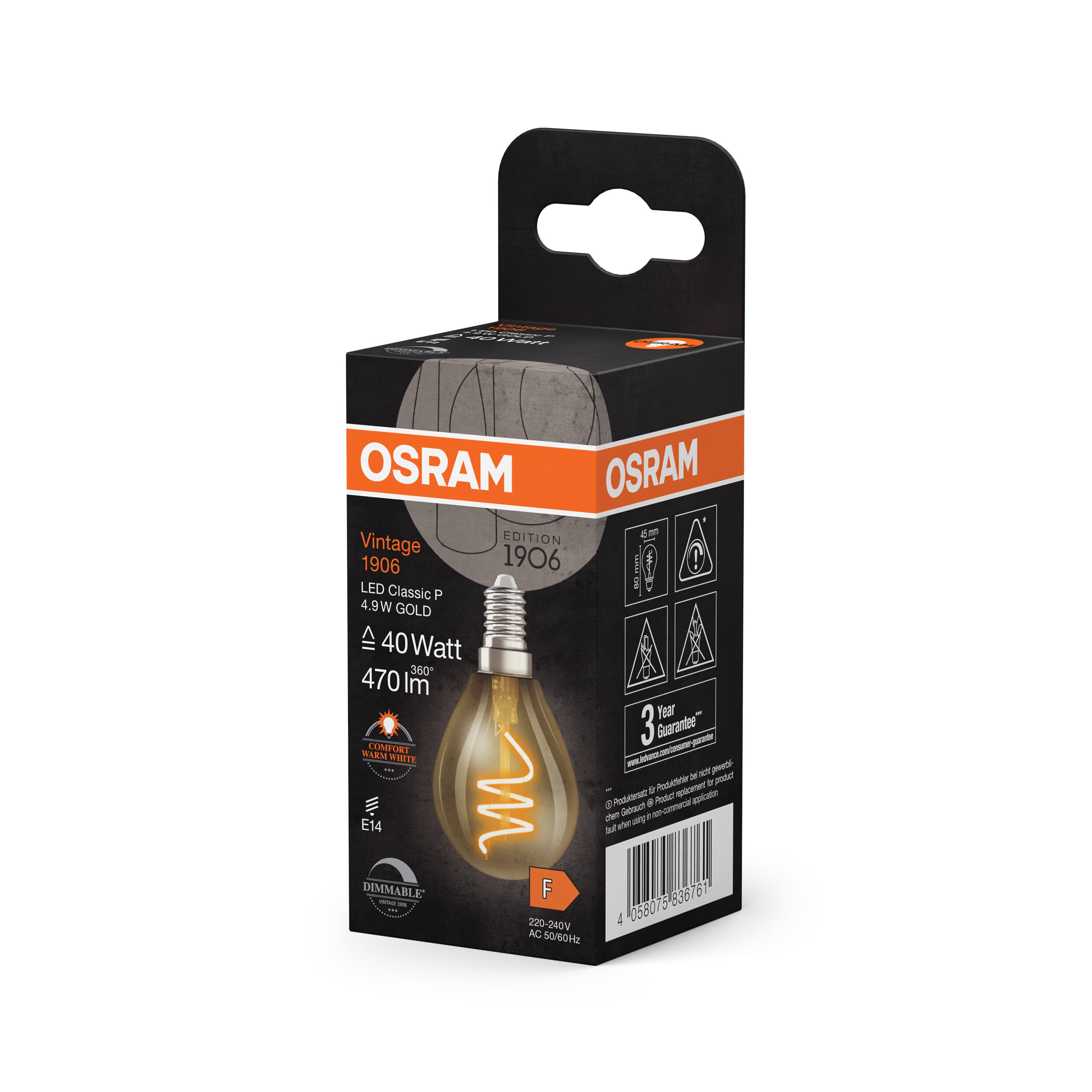 OSRAM Vintage 1906 Classic LED-Lampe Gold, 4.9W, 470lm, E14 , Comfort warm white-LEDVANCE Shop OSRAM Vintage 1906 Classic LED-Lampe Gold, 4.9W, 470lm, E14 , Comfort warm white-LEDVANCE Shop