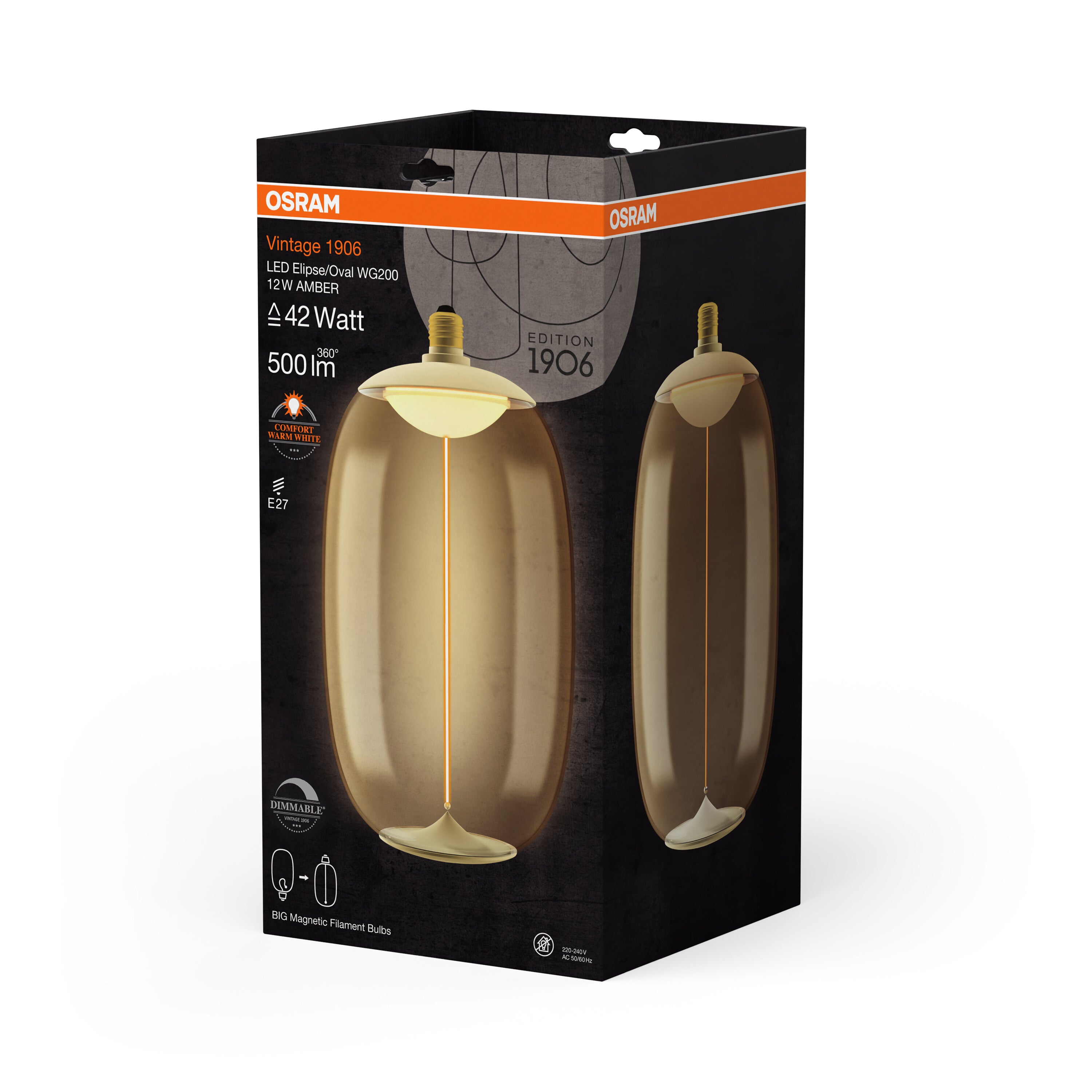 OSRAM Vintage 1906® LED BIG DECORATIVE BULB WITH FILAMENT-MAGNETIC STYLE LED-Lampe Amber, dimmbar, 12W, E27, ELIPSE OVAL , Comfort warm white-Leuchtmittel-LEDVANCE Shop OSRAM Vintage 1906® LED BIG DECORATIVE BULB WITH FILAMENT-MAGNETIC STYLE LED-Lampe Amber, dimmbar, 12W, E27, ELIPSE OVAL , Comfort warm white-Leuchtmittel-LEDVANCE Shop