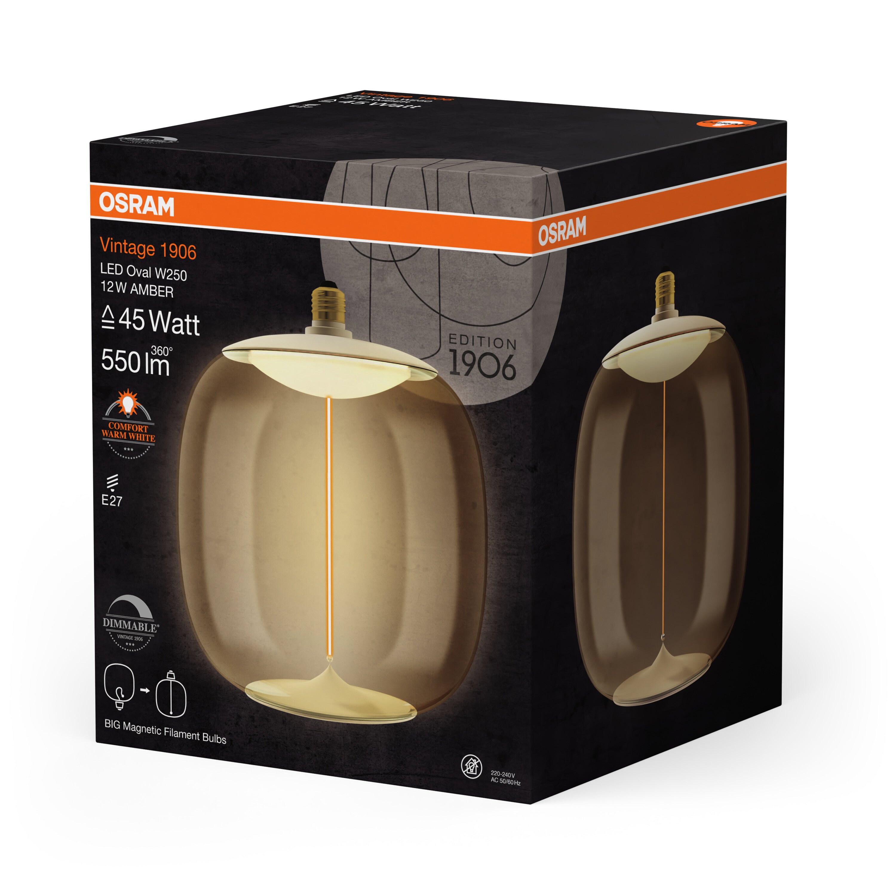 OSRAM Vintage 1906® LED BIG DECORATIVE BULB WITH FILAMENT-MAGNETIC STYLE LED-Lampe Amber, 12W, 550lm, dimmbar, E27, OVAL , Comfort warm white-Leuchtmittel-LEDVANCE Shop OSRAM Vintage 1906® LED BIG DECORATIVE BULB WITH FILAMENT-MAGNETIC STYLE LED-Lampe Amber, 12W, 550lm, dimmbar, E27, OVAL , Comfort warm white-Leuchtmittel-LEDVANCE Shop