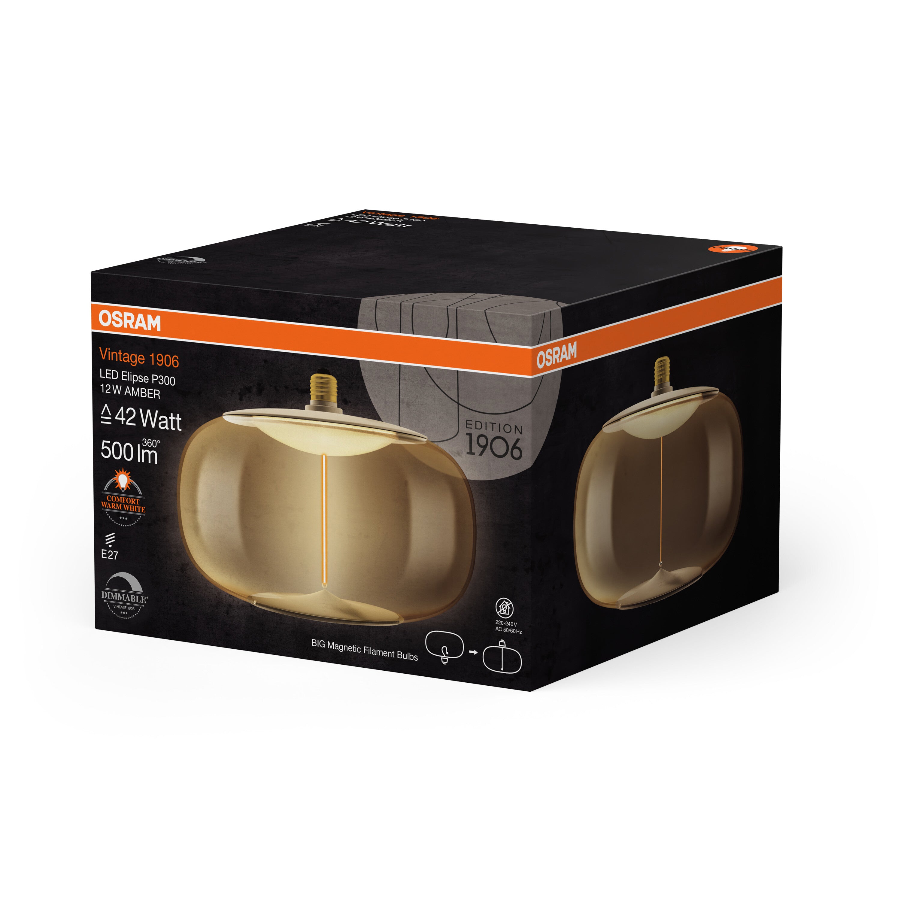 OSRAM Vintage 1906® LED BIG DECORATIVE BULB WITH FILAMENT-MAGNETIC STYLE LED-Lampe Amber, dimmbar, 12W, E27, ELIPSE , Comfort warm white-Leuchtmittel-LEDVANCE Shop OSRAM Vintage 1906® LED BIG DECORATIVE BULB WITH FILAMENT-MAGNETIC STYLE LED-Lampe Amber, dimmbar, 12W, E27, ELIPSE , Comfort warm white-Leuchtmittel-LEDVANCE Shop