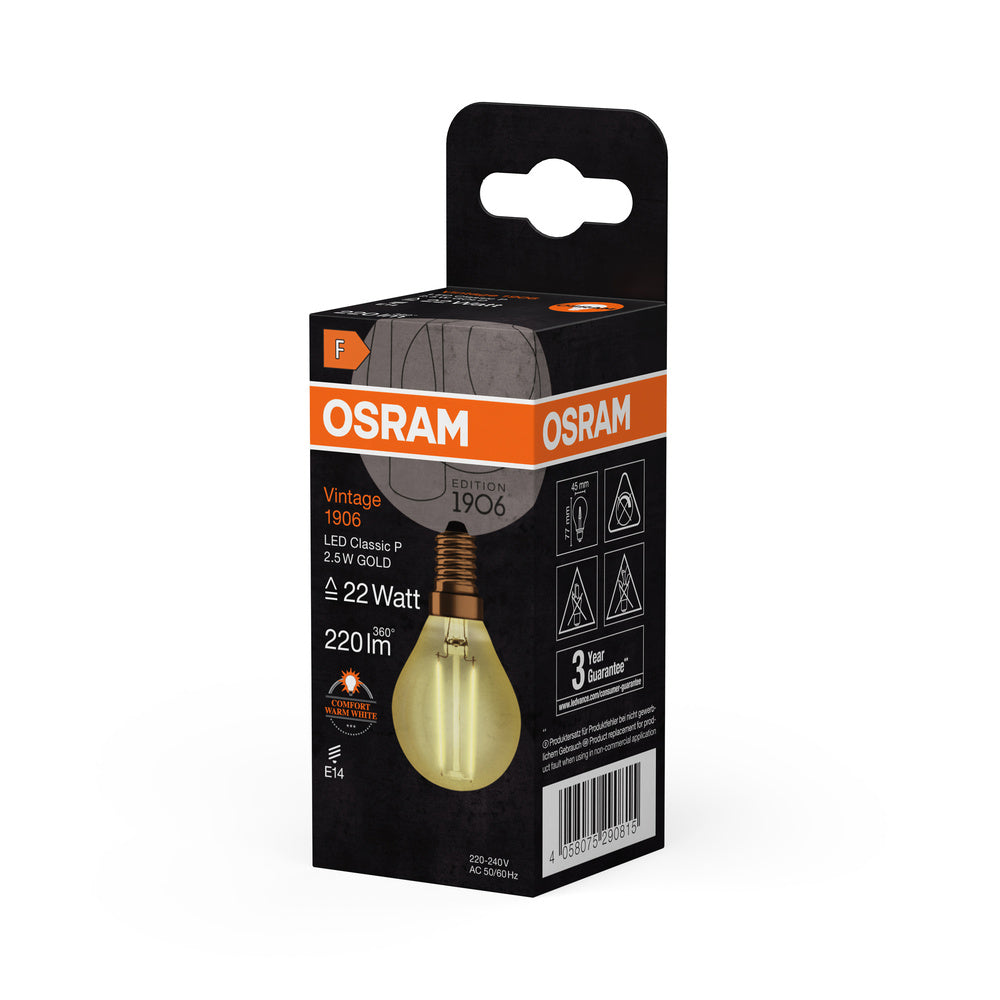 OSRAM VINTAGE 1906® LED Lampe LED CLASSIC P 2.5W 824 Gold E14, 220 lm, 2400 K, Warm Comfort Light-LEDVANCE Shop OSRAM VINTAGE 1906® LED Lampe LED CLASSIC P 2.5W 824 Gold E14, 220 lm, 2400 K, Warm Comfort Light-LEDVANCE Shop