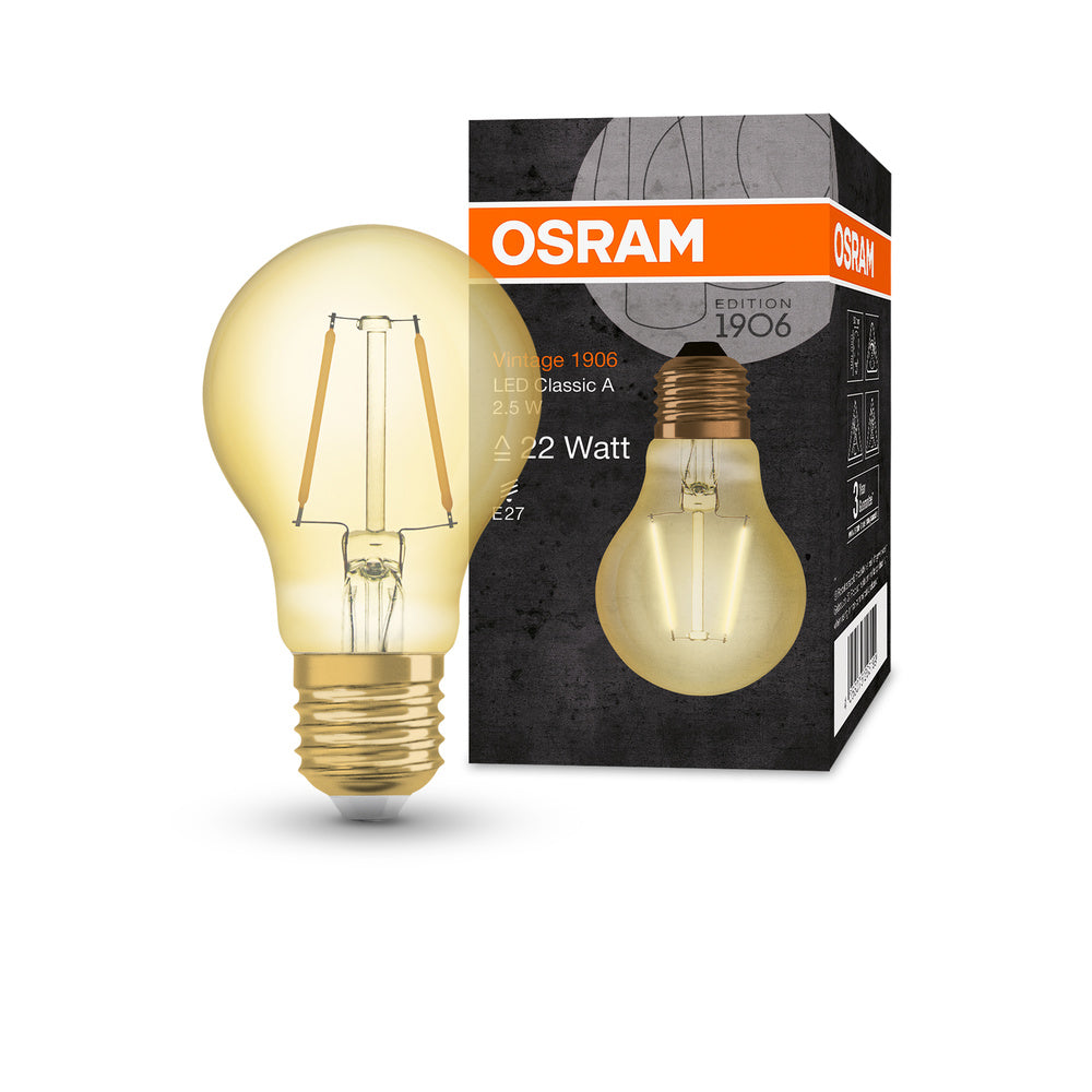 OSRAM VINTAGE 1906® LED Lampe LED CLASSIC A 2.5W 824 Gold E27, 220 lm, 2400 K, Warm Comfort Light-LEDVANCE Shop OSRAM VINTAGE 1906® LED Lampe LED CLASSIC A 2.5W 824 Gold E27, 220 lm, 2400 K, Warm Comfort Light-LEDVANCE Shop