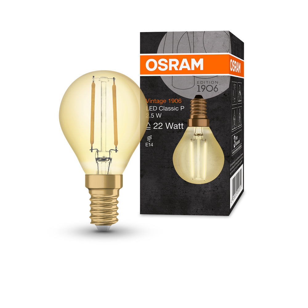 OSRAM VINTAGE 1906® LED Lampe LED CLASSIC P 2.5W 824 Gold E14, 220 lm, 2400 K, Warm Comfort Light-LEDVANCE Shop OSRAM VINTAGE 1906® LED Lampe LED CLASSIC P 2.5W 824 Gold E14, 220 lm, 2400 K, Warm Comfort Light-LEDVANCE Shop