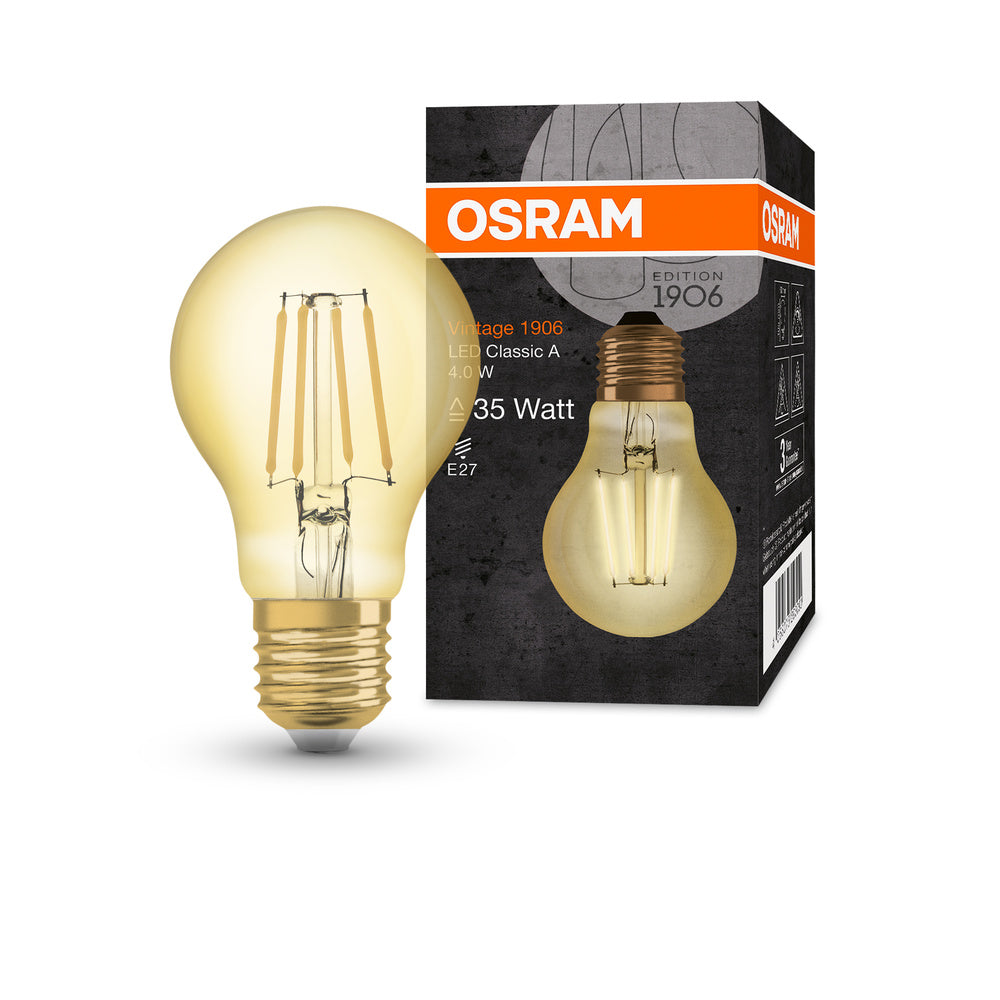OSRAM VINTAGE 1906® LED Lampe LED CLASSIC A 4W 824 Gold E27, 410 lm, 2400 K, Warm Comfort Light-LEDVANCE Shop OSRAM VINTAGE 1906® LED Lampe LED CLASSIC A 4W 824 Gold E27, 410 lm, 2400 K, Warm Comfort Light-LEDVANCE Shop