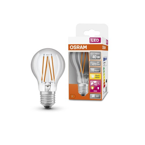 OSRAM Star+ LED-Lampe mit Tageslichtsensor für E27-Sockel, Filament-Optik ,Warmweiß (2700K), 470 Lumen, Ersatz für herkömmliche 40W-Leuchtmittel, nicht dimmbar, 1-er Pack, E27-Leuchtmittel-LEDVANCE Shop OSRAM Star+ LED-Lampe mit Tageslichtsensor für E27-Sockel, Filament-Optik ,Warmweiß (2700K), 470 Lumen, Ersatz für herkömmliche 40W-Leuchtmittel, nicht dimmbar, 1-er Pack, E27-Leuchtmittel-LEDVANCE Shop