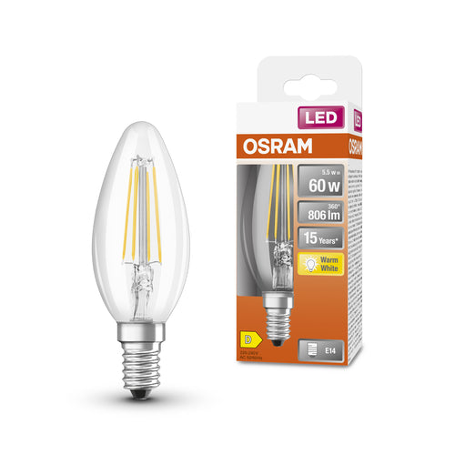 OSRAM Filament LED Lampe mit E14 Sockel, Kerzenform, Warmweiss (2700K), 6W, Ersatz für 60W-Glühbirne, LED Retrofit CLASSIC B