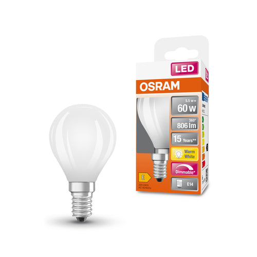 OSRAM Dimmbare Filament LED Lampe mit E14 Sockel, Warmweiss (2700K), Tropfenform, 6.5W, Ersatz für 60W-Glühbirne, matt, LED Retrofit CLASSIC P DIM