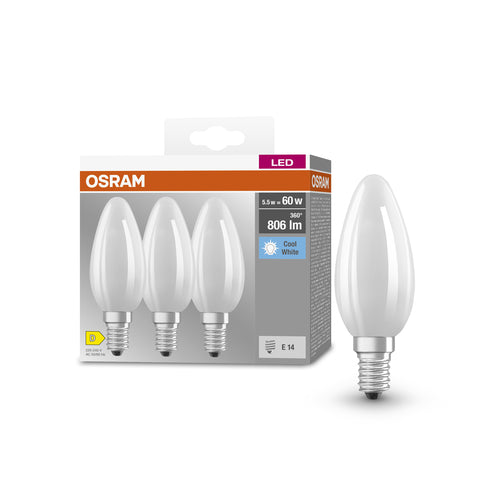 OSRAM LED BASE RETRO Matt CLASSIC B LED-Lampen, klassische Minikerzenform 6W E14 840, 3er Pack