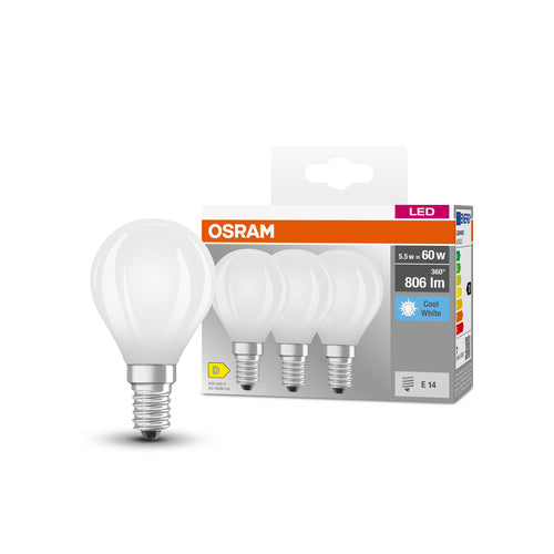 OSRAM LED BASE RETRO MATT CLP LED-Lampen, klassische Miniballform 5,5W E14 840, 3er Pack