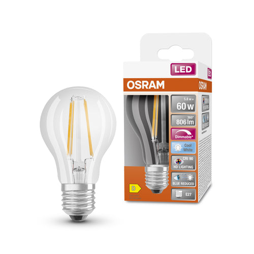 OSRAM Dimmbare LED-Lampe LED SUPERSTAR+ CL A FIL 60 dim 5,8W/940 E27 CRI90 BOX, E27