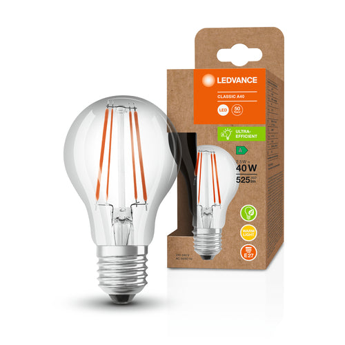 LEDVANCE HIGH ENERGY EFFICIENT A Classic A40 LED Lampe klar (ex 40W) 2,5W Warmweiß E27-Leuchtmittel-LEDVANCE Shop