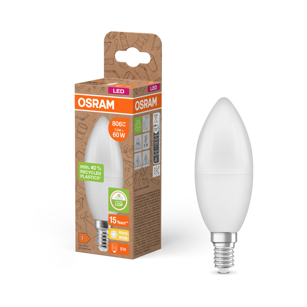 OSRAM LED Star Classic B 60 Lampe Recycled Plastic 7.5W Warmweiß Frosted E14