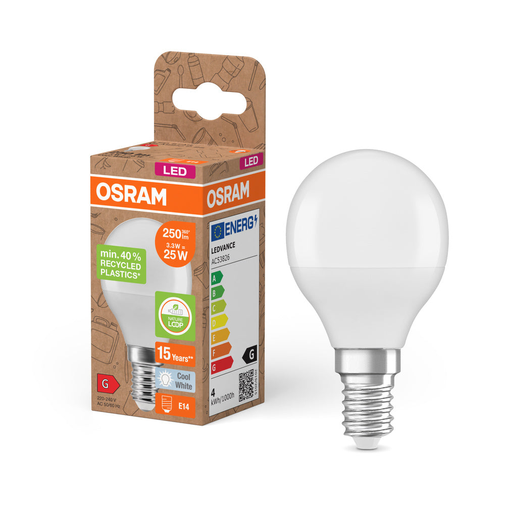 OSRAM LED Star Classic P 25 Lampe Recycled Plastic 3.3W Kaltweiß Frosted E14