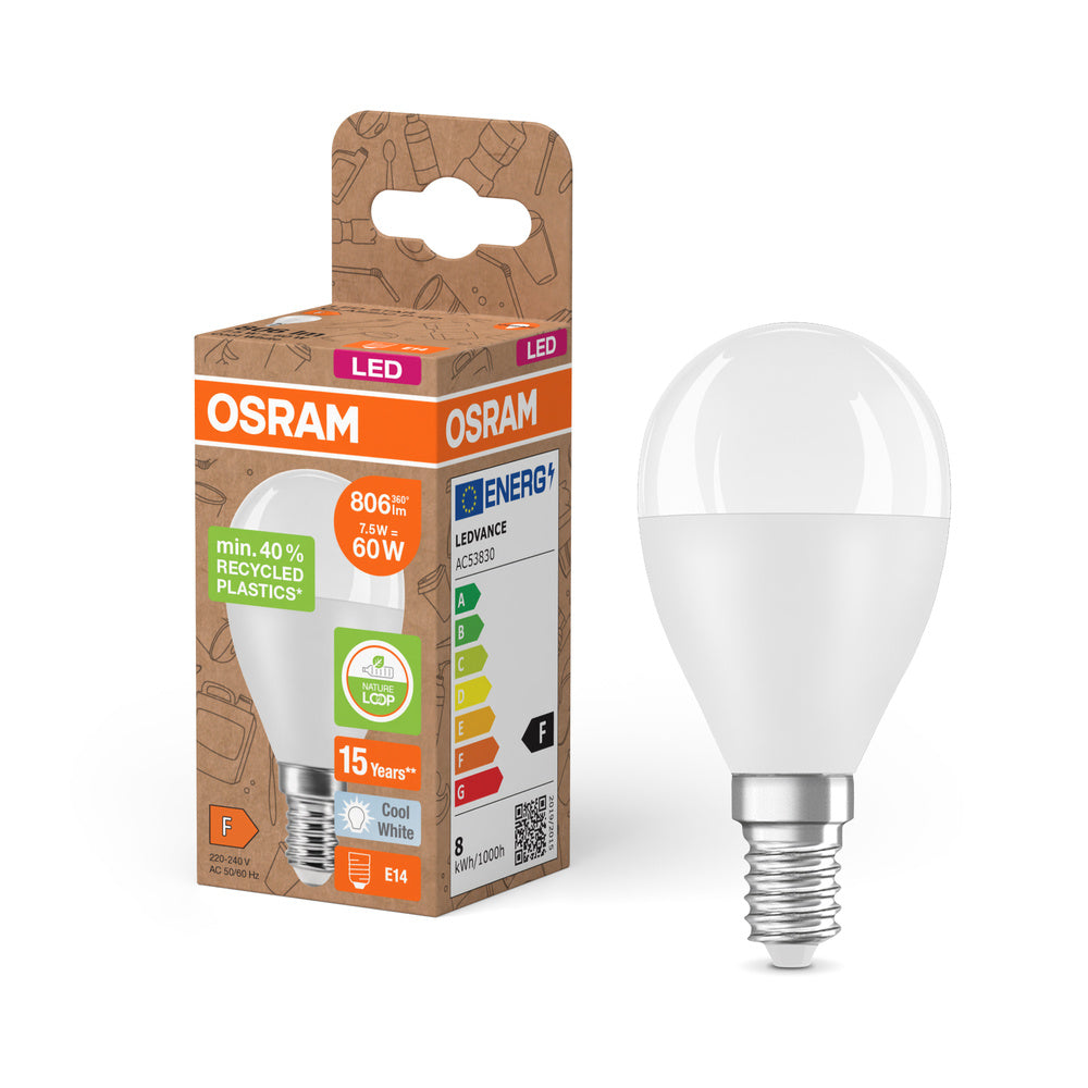 OSRAM LED Star Classic P 60 Lampe Recycled Plastic 7.5W Kaltweiß Frosted E14