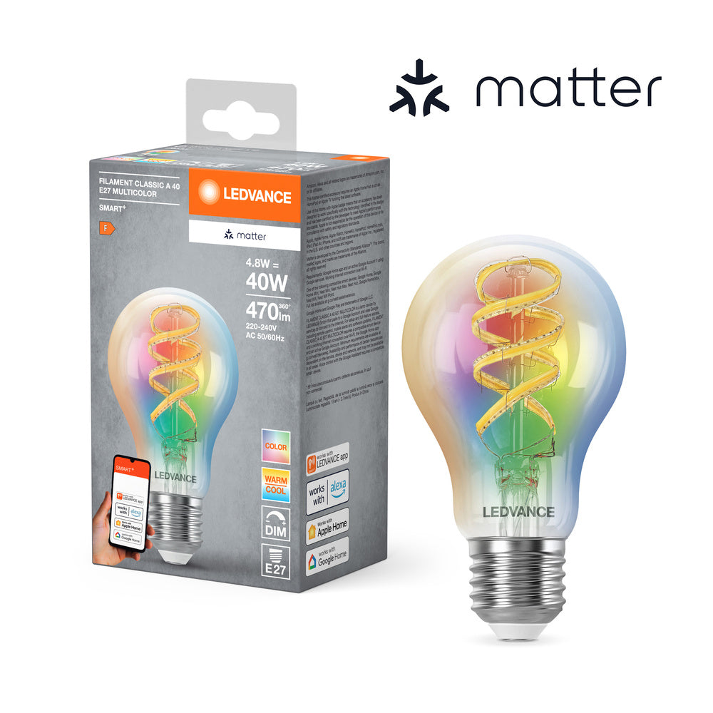 LEDVANCE Matter SMART+ LED Lampe CLASSIC A, RGB, Filamentglas, 4,8W, 470lm, E27