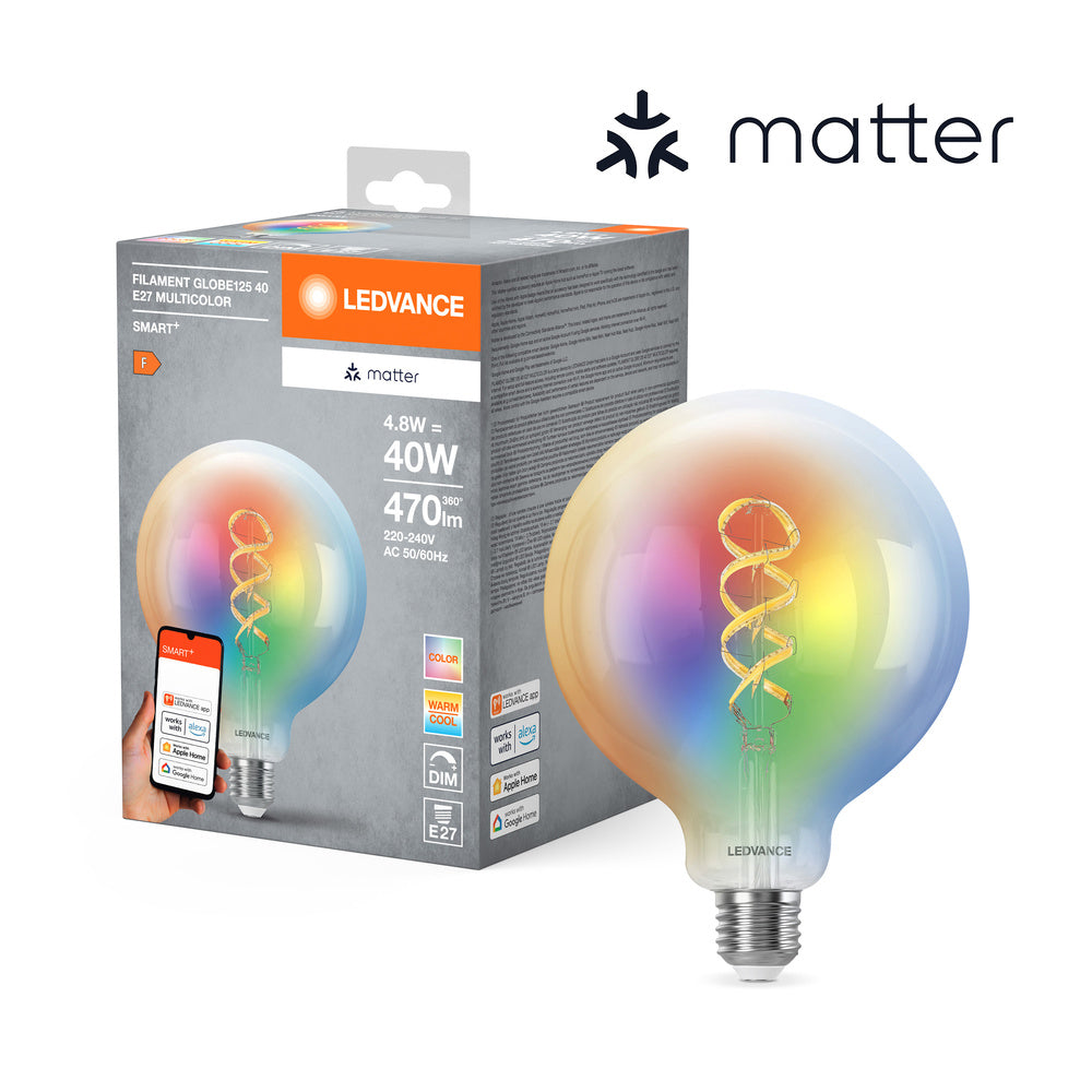 LEDVANCE Matter SMART+ LED Lampe CLASSIC Globe, RGB, Filamentglas, 4,8W, 470lm, E27