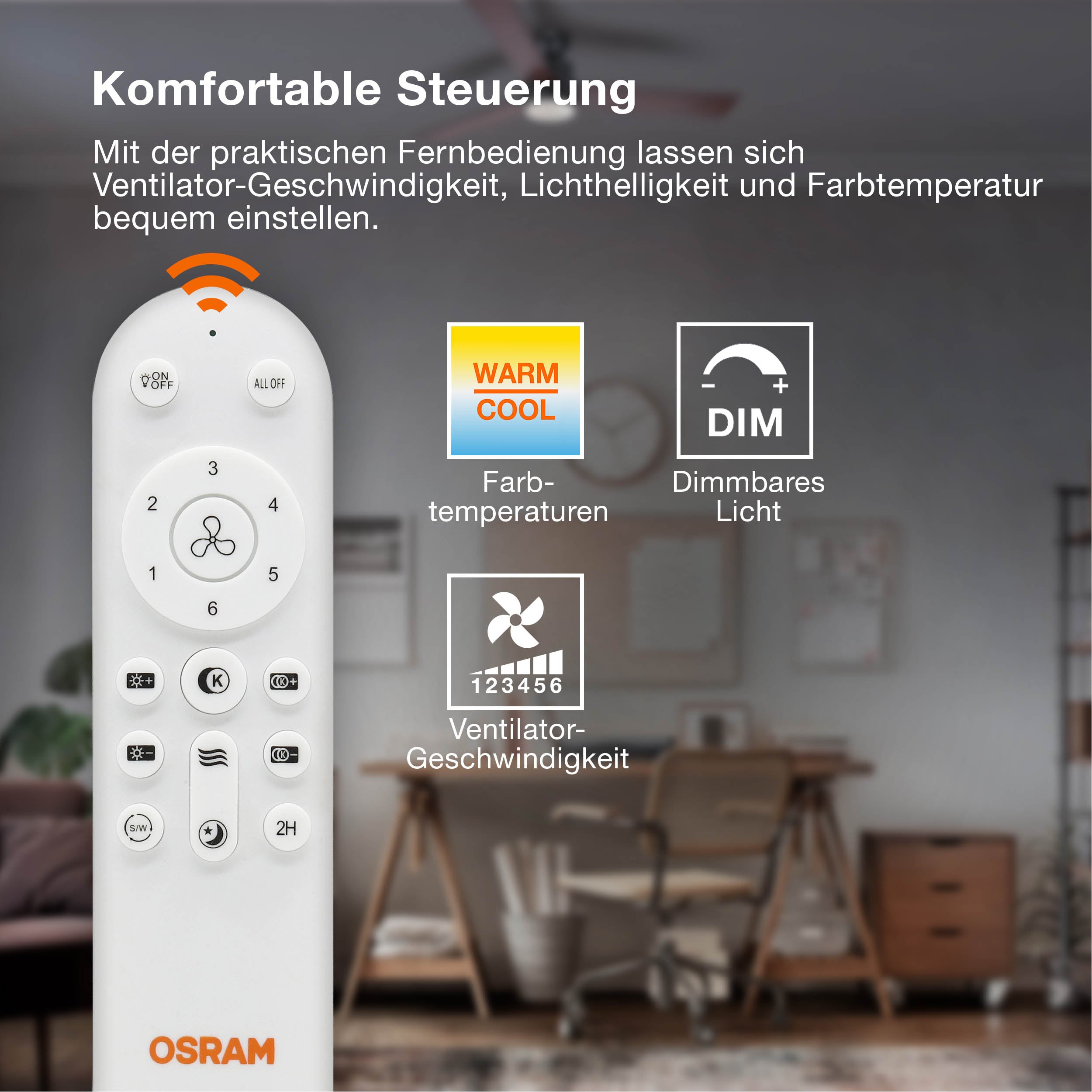 OSRAM LED Deckenventilator Caju, Schwarz-Holz, 48W, 1320mm, 1120lm, CCT
