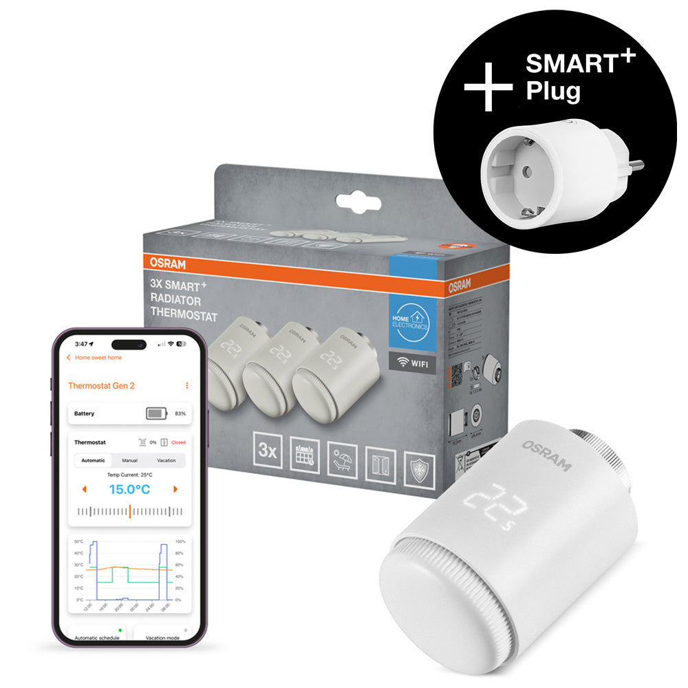 AKTION - OSRAM SMART+ WIFI smarter Heizungsthermostat, 4.5V, Weiß, 3er Pack, 2. Gen. inkl. Gratis SMART+ Plug