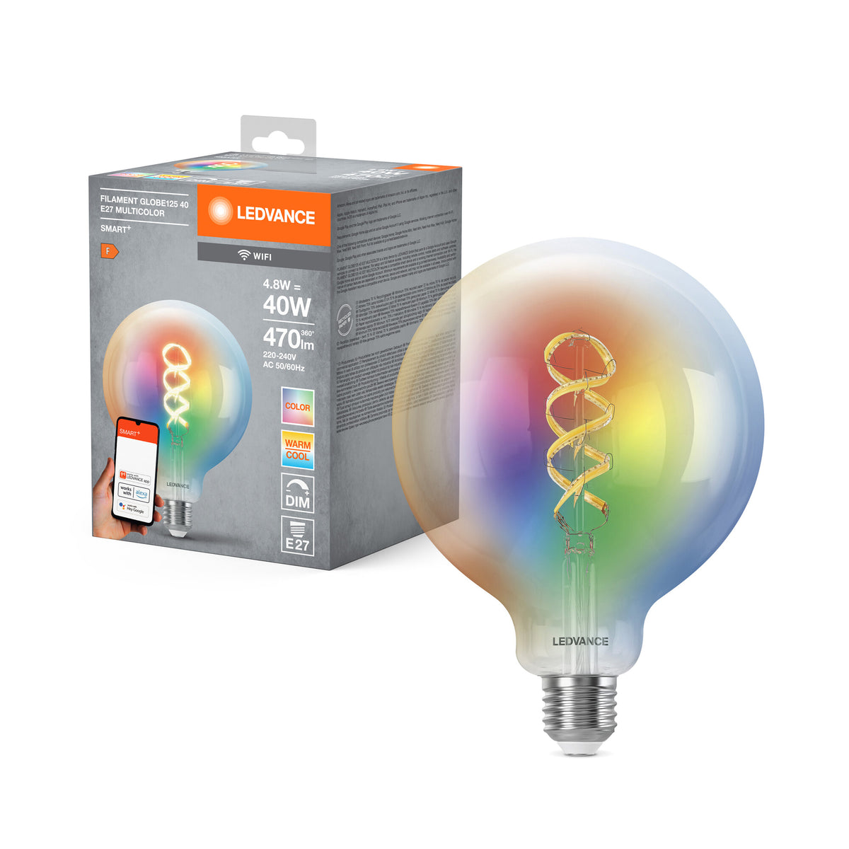LEDVANCE SMART+WIFI Filament Globe RGBTW in Globus-Form, LED-Lampe, Bleifreies Glas, klar, 4,8 W, (ex 40 W), 470 lm, RGBTW, von 2700 bis 6500 K, Wifi, Dimmbar