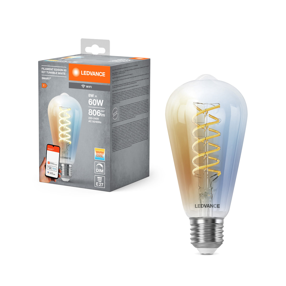 LEDVANCE Smart+ Wifi Filament Edison Tunable White in Edison-Form-Form, LED-Lampe, Bleifreies Glas, klar, 8 W, (ex 60 W), 806 lm, Lichtfarbe variabel, Wifi, Dimmbar