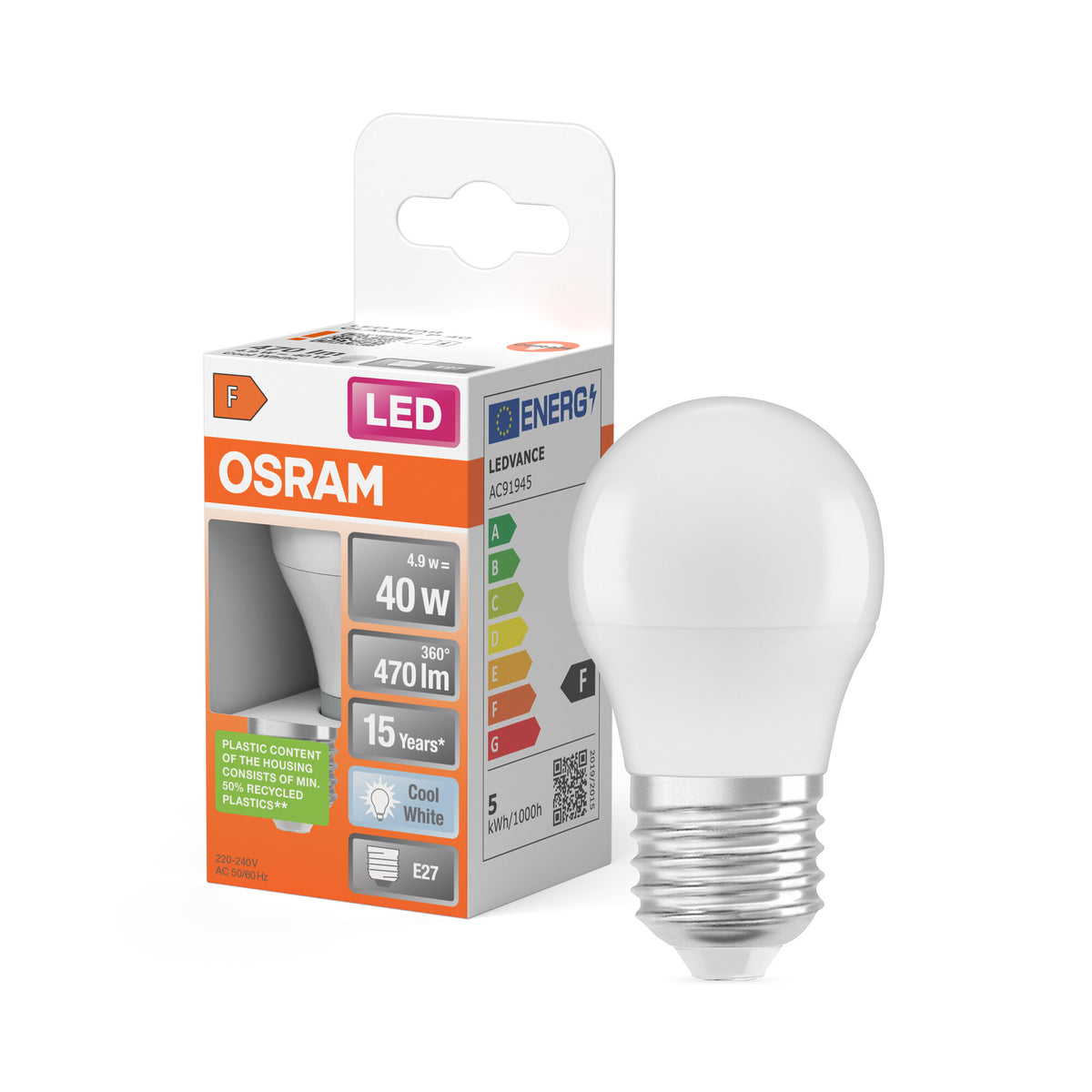 OSRAM LED PCR LAMP WITH CLASSIC P in P-Form, LED-Lampe, Matt, 4,9 W, (ex 40 W), 470 lm, Kaltweiß, 4000 K, 15000 h, CRI 80