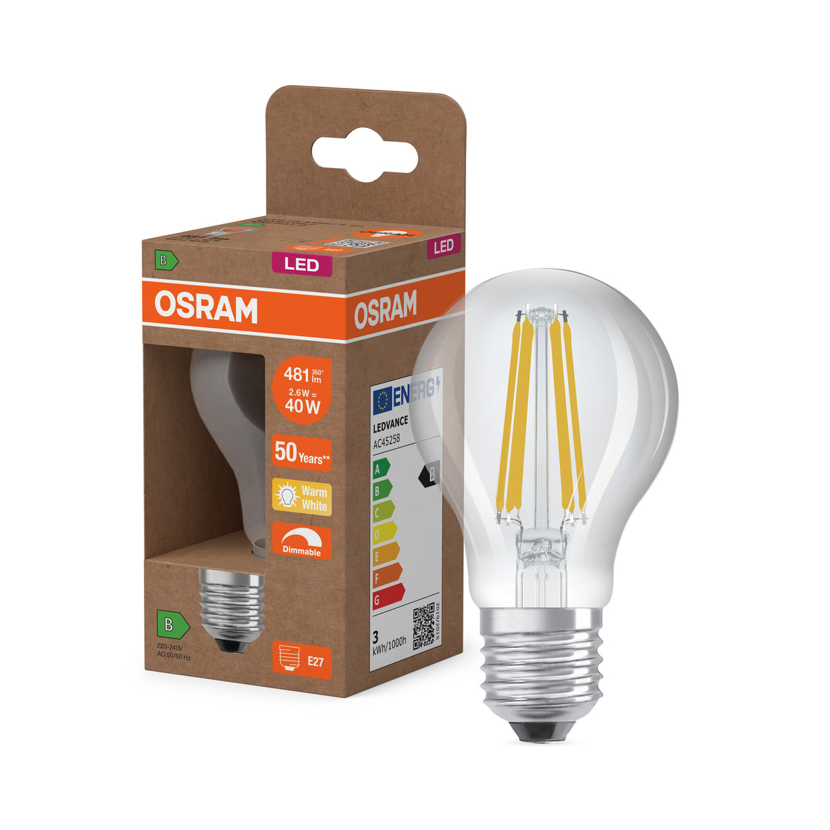 OSRAM LED CLASSIC A ENERGY EFFICIENCY B DIM in A-Form, LED-Lampe, Bleifreies Glas, Klar, 2,6 W, (ex 40 W), 481 lm, Warmweiß, 2700 K, Dimmbar, 50000 h, CRI 80