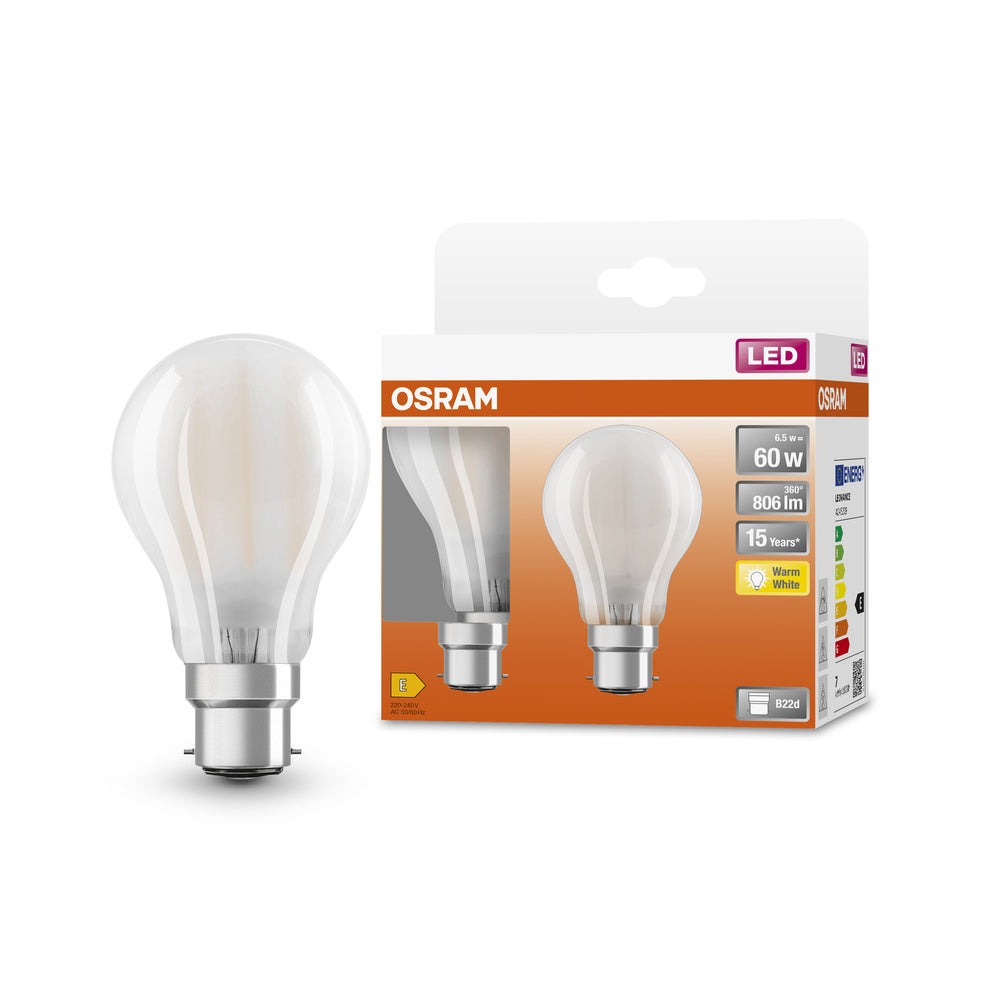 OSRAM LED Lampe LED Retrofit CLASSIC A 6.5W 827 Frosted B22d 2er Pack, 806 lm, 2700 K, Warmweiß, 2er Pack-LEDVANCE Shop