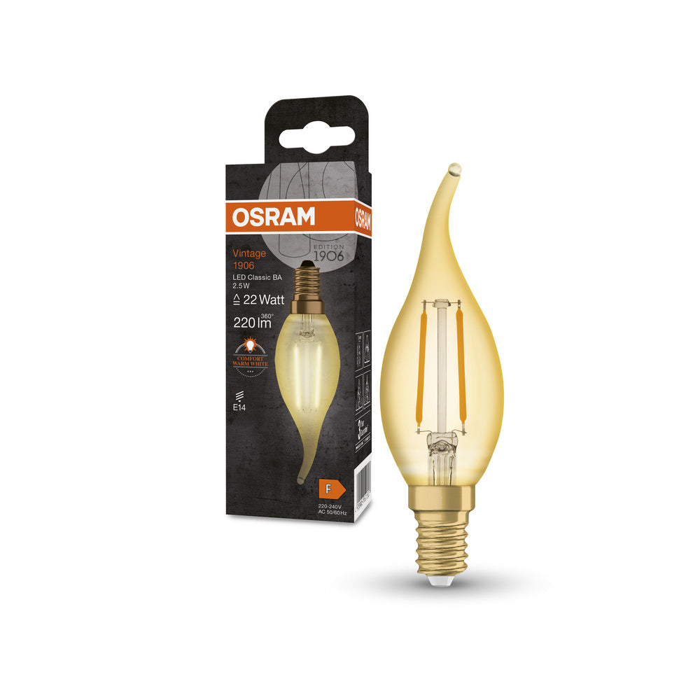 OSRAM VINTAGE 1906® LED Lampe LED CLASSIC B 2.5W 824 Gold E14 BA-Form, 220 lm, 2400 K, Warm Comfort Light