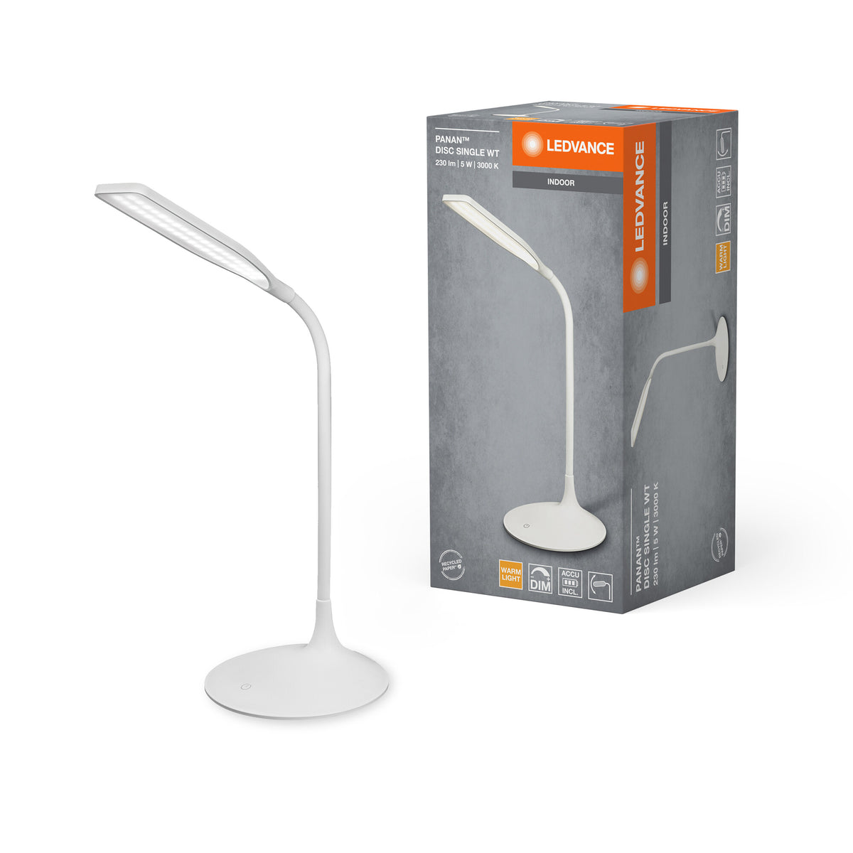 LEDVANCE Panan Disc LED Tischleuchte Weiß, Warmweiß 3000K, Akku-Betrieb, Dimmbar, Flexibler Hals, für Wohn- und Arbeitsbereiche