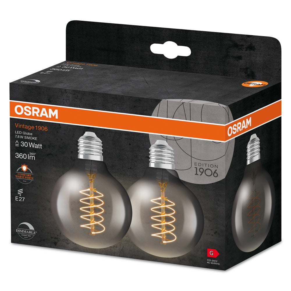 OSRAM VINTAGE 1906® LED Lampe LED CLASSIC SLIM FILAMENT Globe DIMMABLE 7.8W 818 Smoke E27, 360 lm, 1800 K, Comfort warm white, 2er Pack-LEDVANCE Shop