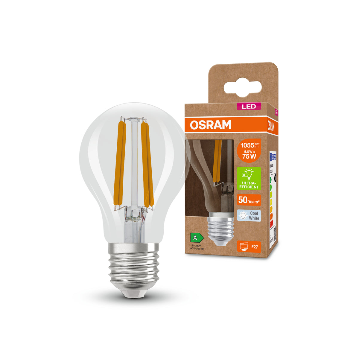 OSRAM Hocheffiziente LED Lampe Classic A75, 5W, klar, E27