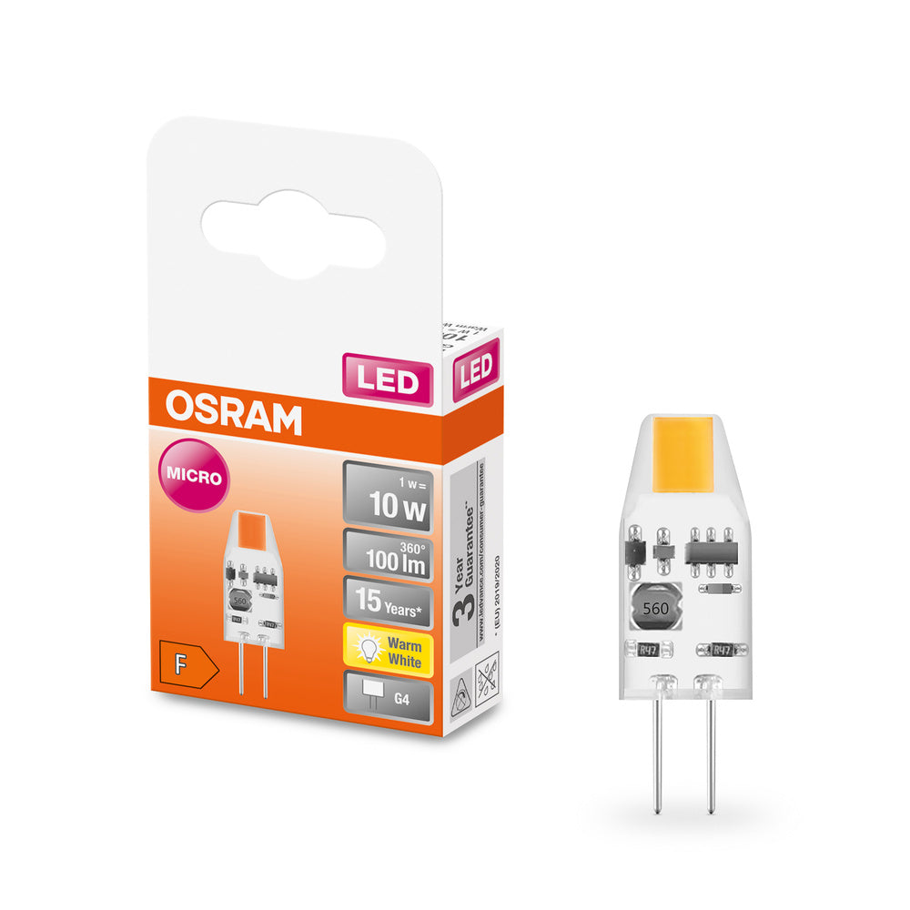 OSRAM LED Stiftsockellampe PIN MICRO 12 V 1W 827 Clear G4, 100 lm, 2700 K, Warmweiß