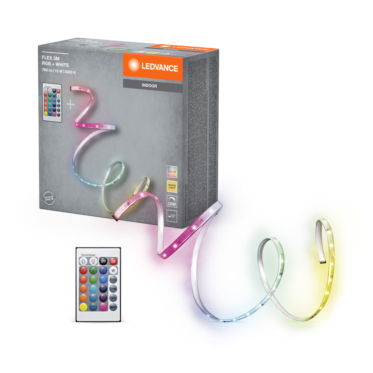 LEDVANCE FLEX 3M LED-Streifen RC, weiß, 9W, 600lm, warmweißes Licht, integrierter Sound-Receiver, RGB-Farbsensor, Fernbedienung, lange Lebensdauer, einfache Montage, Schutzklasse IP20