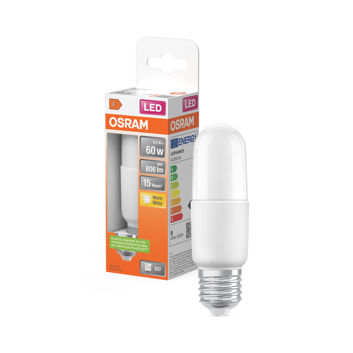 OSRAM LED PCR CLASSIC STICK LAMP in Stick-Form, LED-Lampe, Matt, 8,5 W, (ex 60 W), 806 lm, Warmweiß, 2700 K, 15000 h, CRI 80