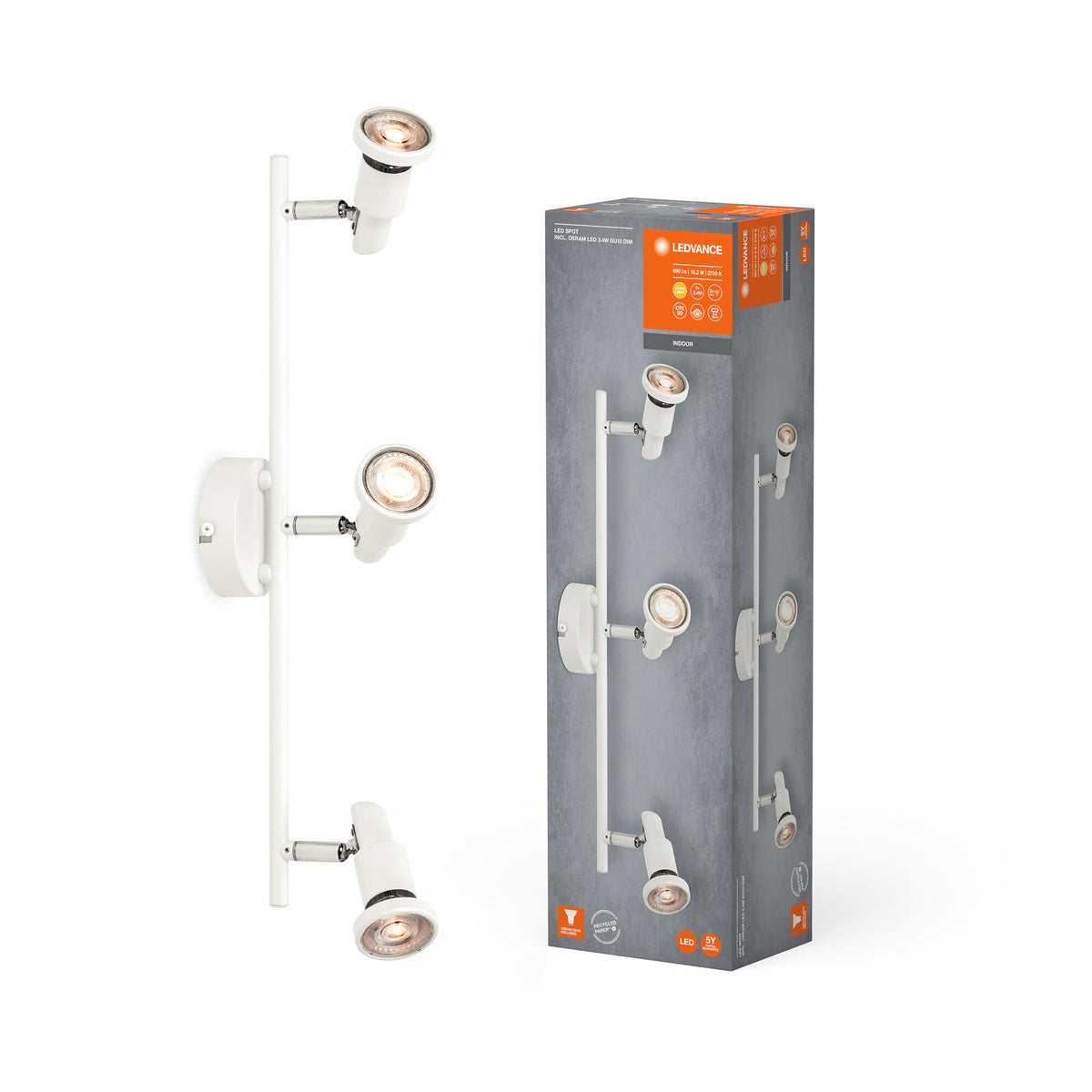 LEDVANCE LED SPOT GU10 3 x 3,4W, 690lm, weiß, 2. 700K Farbtemperatur, warmweiße Lichtfarbe, zeitloses Design, austauschbare LED-Lampe, ideal für Innenräume, CRI 90, verstellbare Köpfe