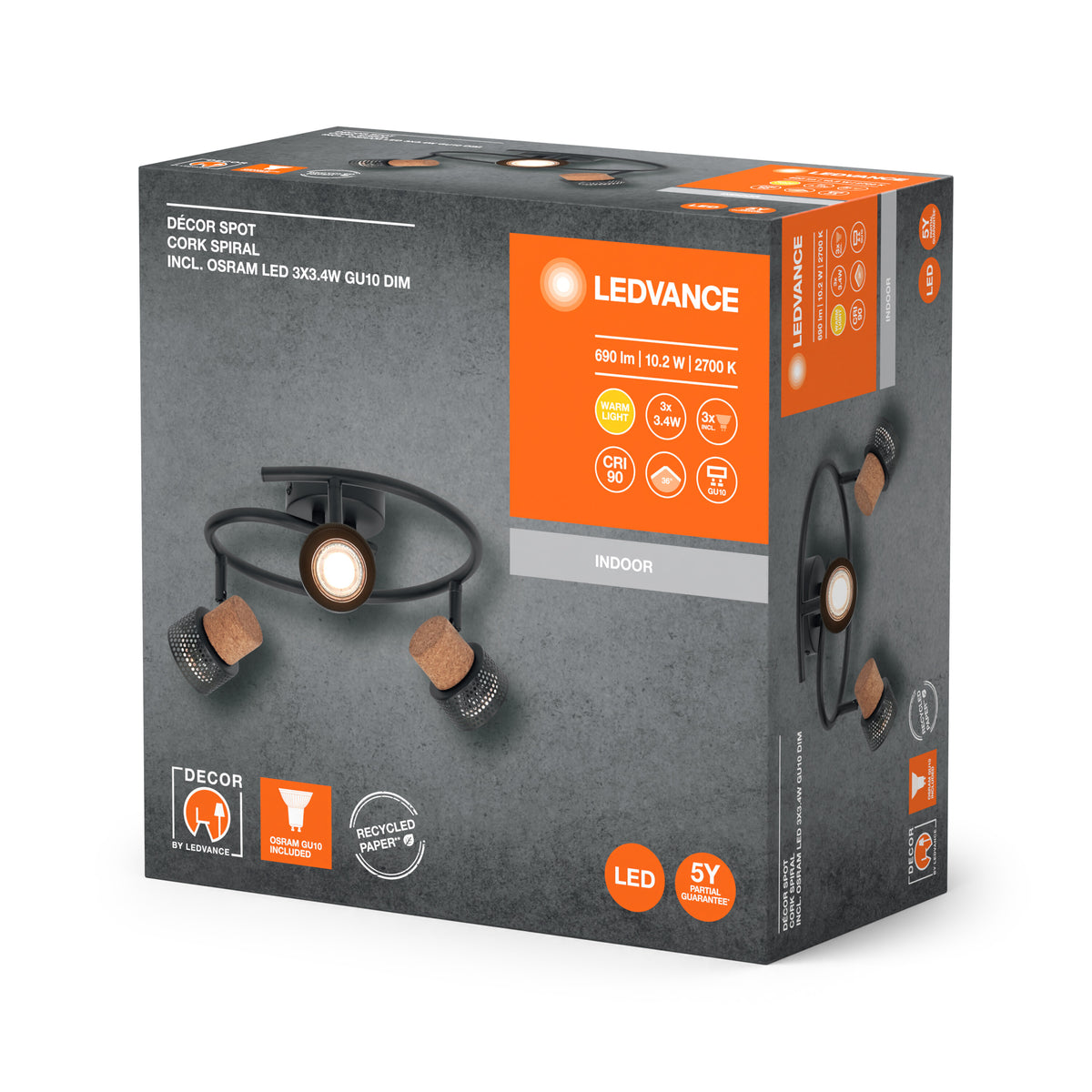 LEDVANCE DECOR SPOT CORK Spiral Deckenleuchte, 3 x 3,4W, 690lm, schwar