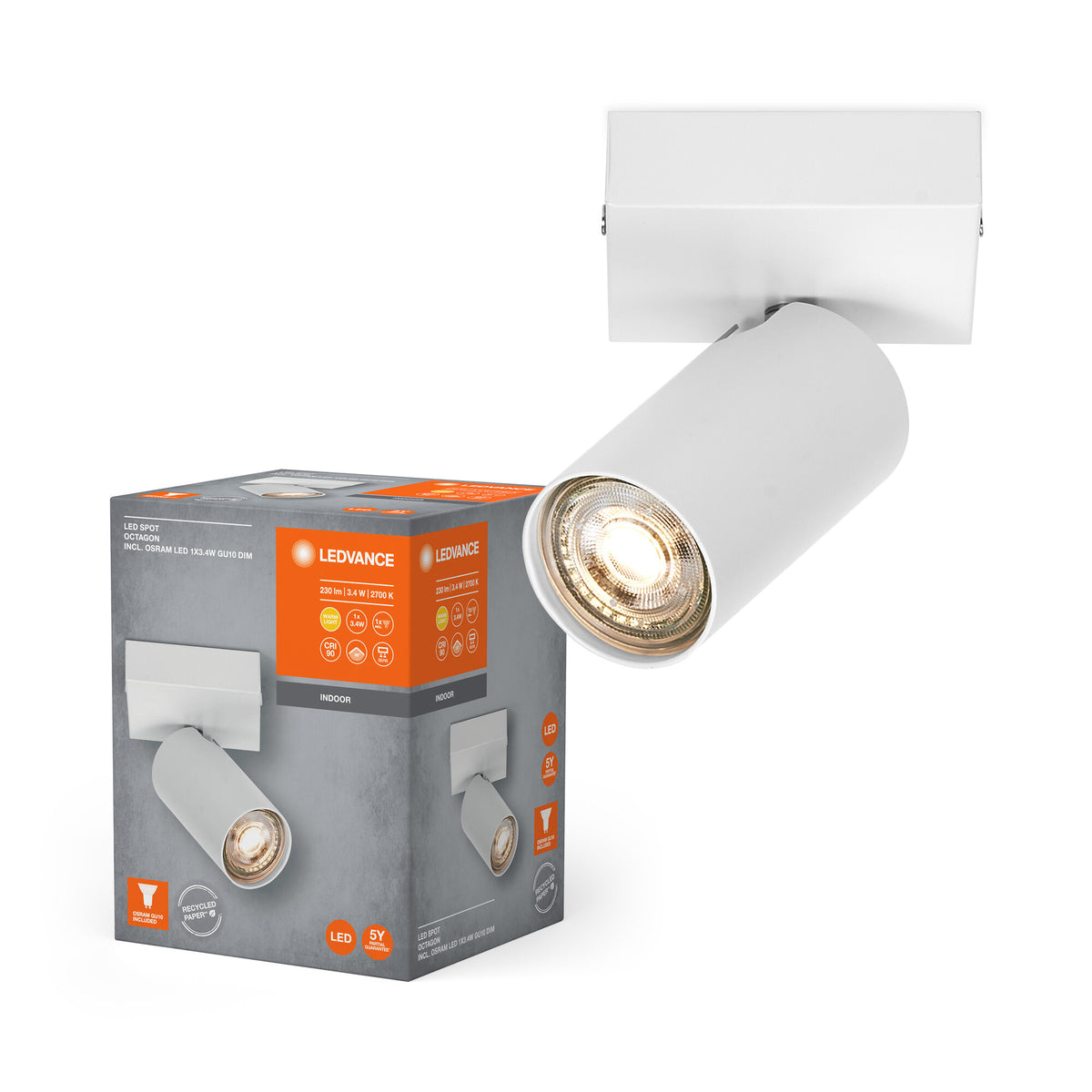 LEDVANCE LED SPOT OCTAGON 1 x 3,4W, GU10, 230lm, weiß, 2. 700K Farbtemperatur, warmweiße Lichtfarbe, zeitloses Design, austauschbare LED-Lampe, ideal für Innenräume, CRI 90, verstellbare Köpfe, dimmbar