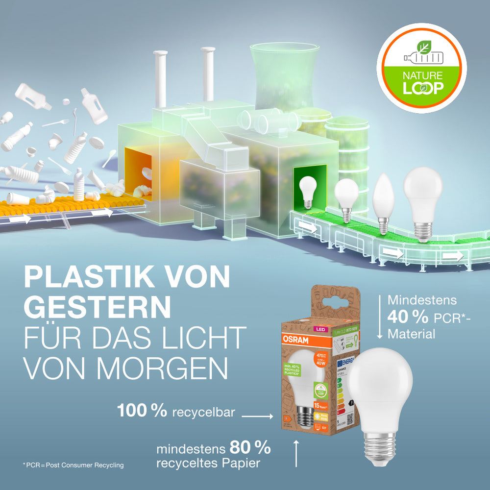 OSRAM LED Star Classic A 40 Lampe Recycled Plastic 4.9W Warmweiß Frosted E27