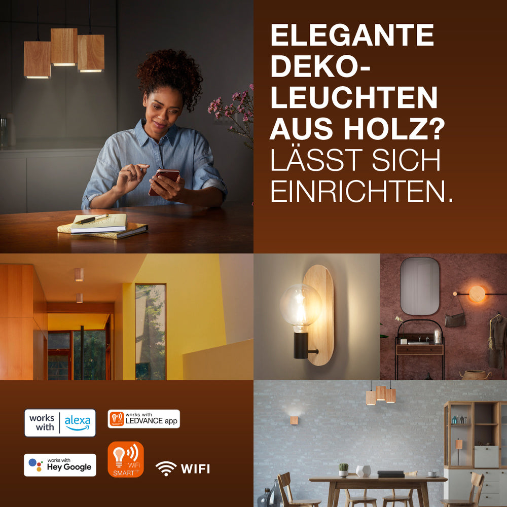 LEDVANCE Wifi SMART+ ORBIS WOOD LED Wandleuchte 11x11cm in Holzoptik Tunable Weiß 7W / 3000-6500K