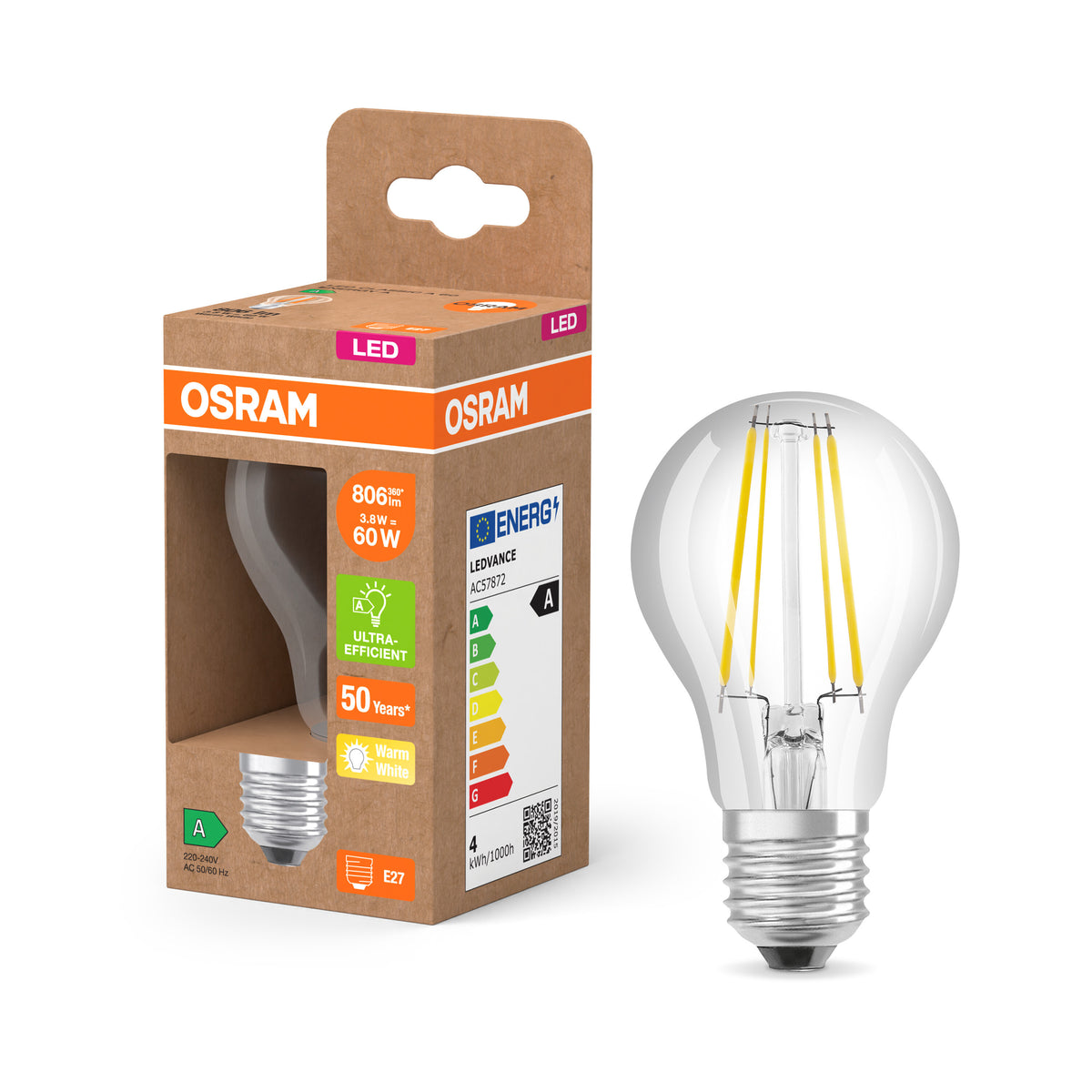 OSRAM LED Classic Lampe, Kolbenform, Klar, 3.8W, 806lm, E27