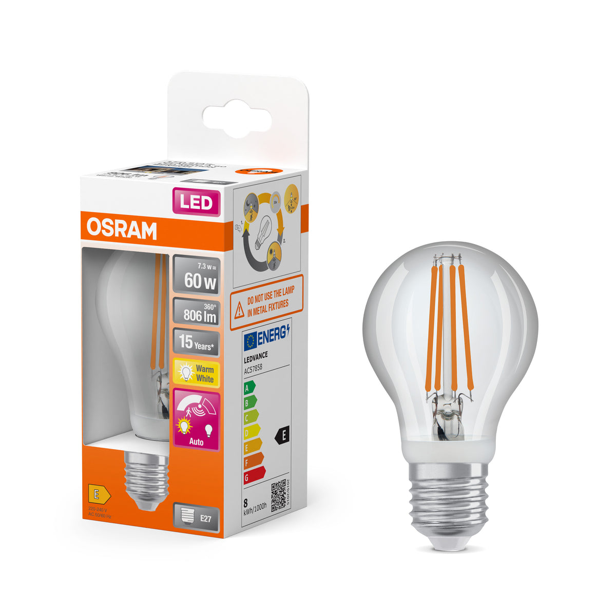 OSRAM LED Star Classic Lampe mit Sensor, 7.3W, Klar, E27